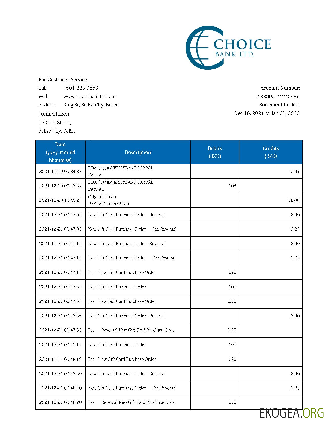 Relevé de la Belize Choice Bank